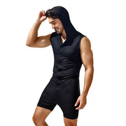 Men Casual Shorts Jumpsuit Tight Fashion Sleeveless Bodysuit Button Hooded Rompers Short Pant Homewear Tracksuit Pajamas Leotard