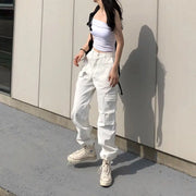 Fall 2020 Women Harajuku Style Designer White Pants Neutral Handsome Cargo Pants Casual Korean Chic Retro Utility Pants Women