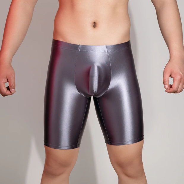 Men Sports Gym Shorts Shiny Glossy Leggings Boxer Briefs Tight Fitting Underwear Leggings Quick Dry High Stretch