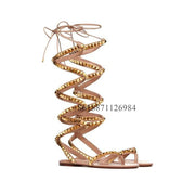 Cross Strap Round Toe Summer Women Modern Sandals With Rivet Chunky Low Heels Lace Up Design Large Size Romen Shoes