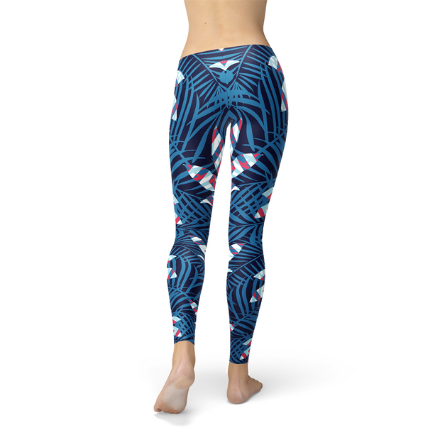 Blue Tropical Leaf Leggings for Women