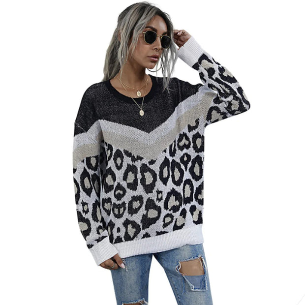 Womens Leopard Print Round Neck Sweater