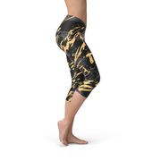 Womens Black Marble w/ Gold Splash Capri Leggings