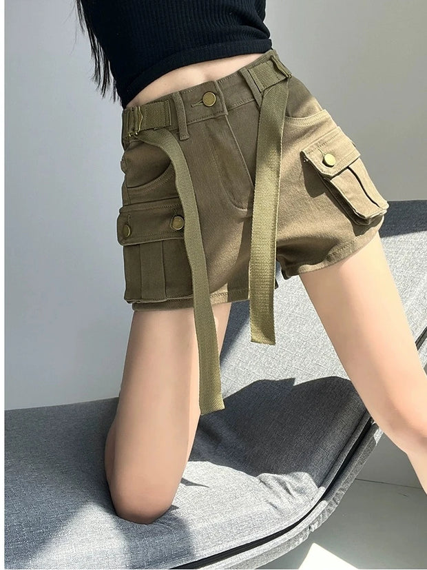 Large Pocket Denim Shorts Women's Elastic Slim 2024 New Spring/Summer High Waisted Short Cargo Pants Cool Girls Hot  Jeans Pants