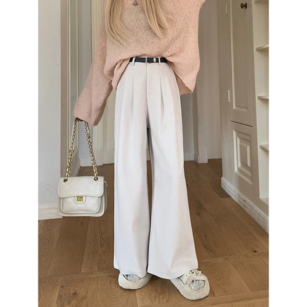 Gray Woolen Casual Pants Wide Leg Pants Women's Winter High Waist Hanging Feeling Slimming Straight Leg Pants