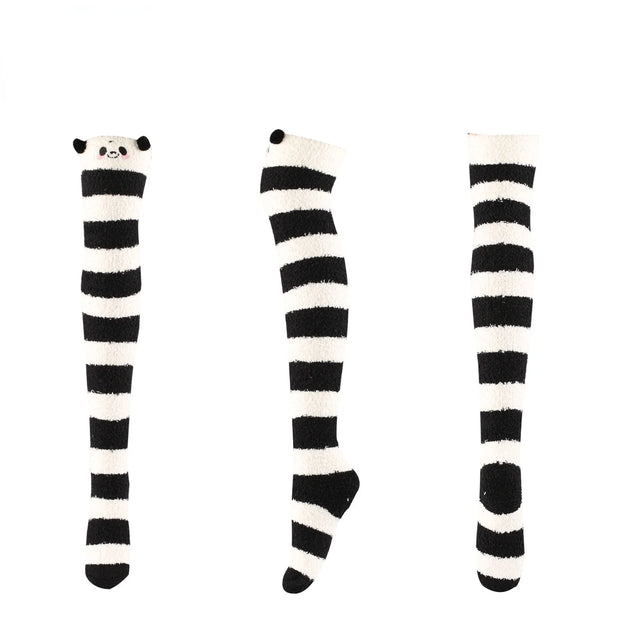 Thick Over The Knee Socks Women Striped Thigh Highs Cute Socks Kawaii Panda Fox Stockings Women's Warm Floor Towel Socks