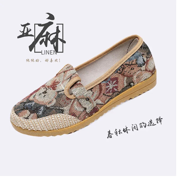 2025 Spring Flat Shoes Ethnic Canvas Casual Womens Shoes Comfortable Non-slip Fisherman Shoes Untied Oxbow Single Sneakers