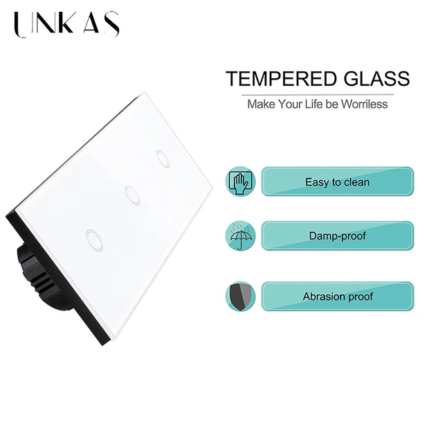 UNKAS 3 / 6 / 9 / 12 Gang WiFi Touch On / Off Smart Light Switch 228mm White Black Class Panel Outlet Single Fire Line