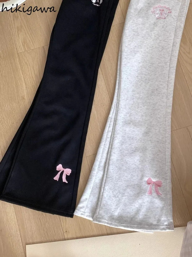 Cotton Joggers Streetwear Women Sweatpants Pantalon Femme Fashion High Waist Flare Pants Casual Embroidery Bow Y2k Trousers