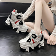 Women Walking Sneakers New Autumn Lace-up High Platform Chunky Shoes Breathable Leather Shoes 10.5CM Wedge Heels Casual Shoes