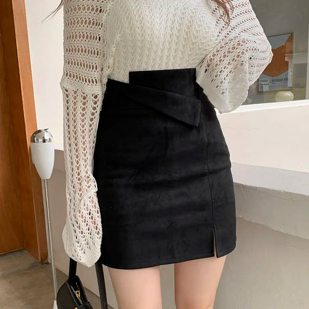 Korean Fashion Autumn Winter Woolen Women Solid Zipper Asymmetrical Split Temperamen High Waist Short Slim A-line Hip Wrap Skirt