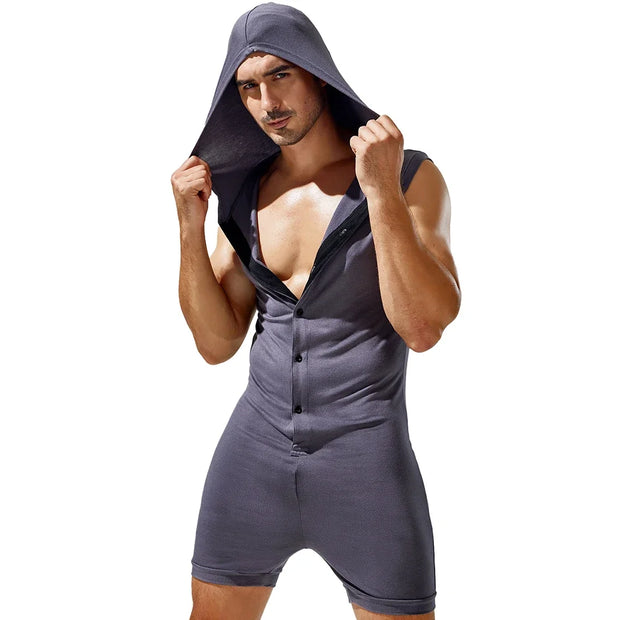 Men Casual Shorts Jumpsuit Tight Fashion Sleeveless Bodysuit Button Hooded Rompers Short Pant Homewear Tracksuit Pajamas Leotard