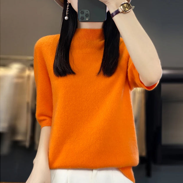 First-line ready-to-wear 100% pure sweater women's semi-turtle neck short-sleeved loose sweater semi-sleeve bottoming shirt