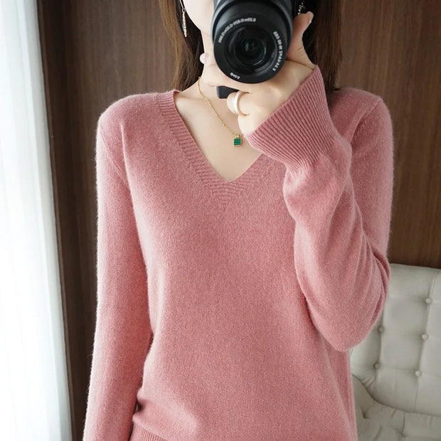 New Cashmere Women's V-neck Pullover Lace Neck Hollow Out Design Casual Knitted Long Sleeve Women's Sweater Autumn And Winter