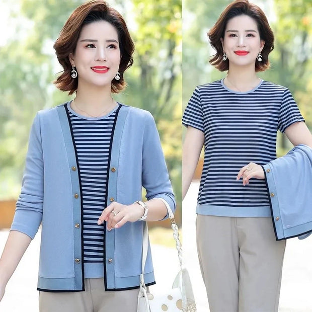 Middle-Aged Women's Cardigans 2PCS Spring Autumn Knitted Sweater New Two-Piece Set Fashion Stripe Pullover T-Shirts Mother Suits