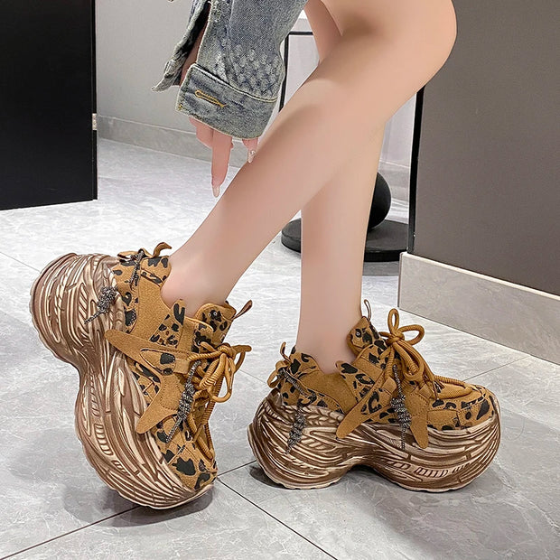 High Platform Sneakers 8CM Wedge Heels Leather Walking Shoes Woman New Autumn Leopard Vulcanize Shoes Female Chunky Sneakers