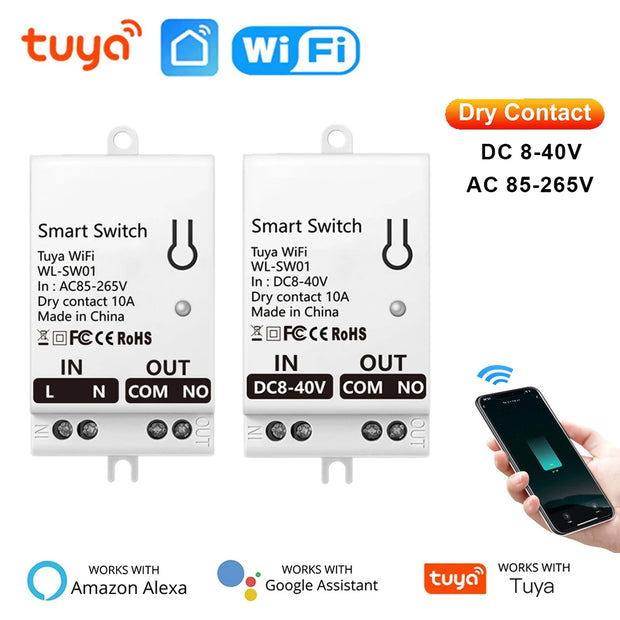 Tuya WiFi Smart Switch Module Dry Contact 10A Smart Home DIY Breaker Relay DC 8-40V AC 85-265V Works with Alexa Google Assistant