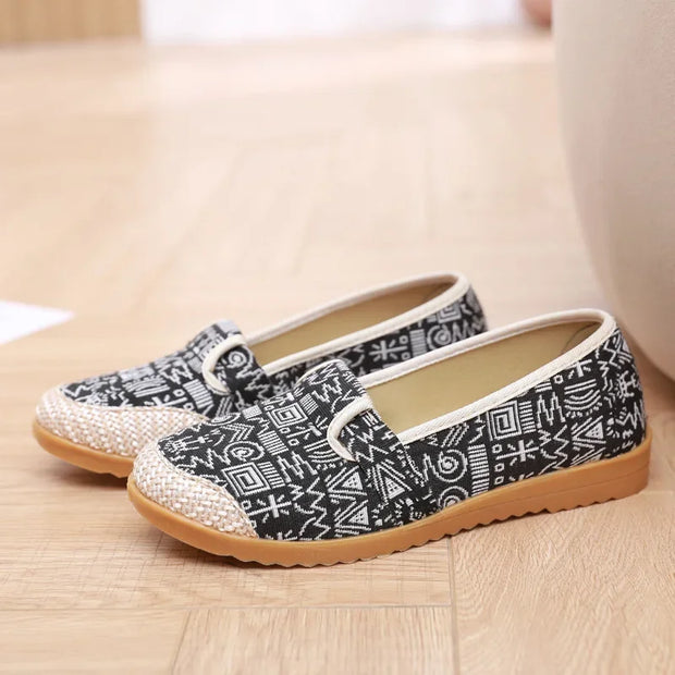 2025 Spring Flat Shoes Ethnic Canvas Casual Womens Shoes Comfortable Non-slip Fisherman Shoes Untied Oxbow Single Sneakers