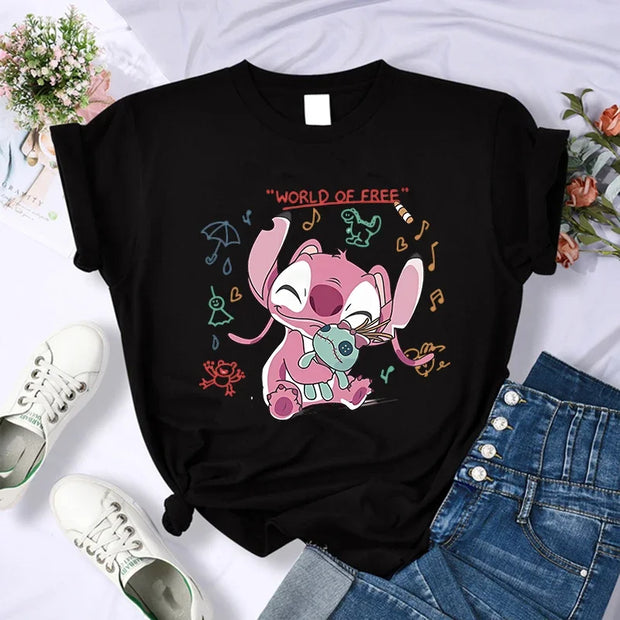 Kawaii stitch T Shirt Women Summer Tops Cartoon Heart Graphic Tees Cute Anime T-shirt Female Tshirt  Clothes