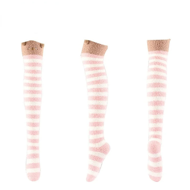 Thick Over The Knee Socks Women Striped Thigh Highs Cute Socks Kawaii Panda Fox Stockings Women's Warm Floor Towel Socks