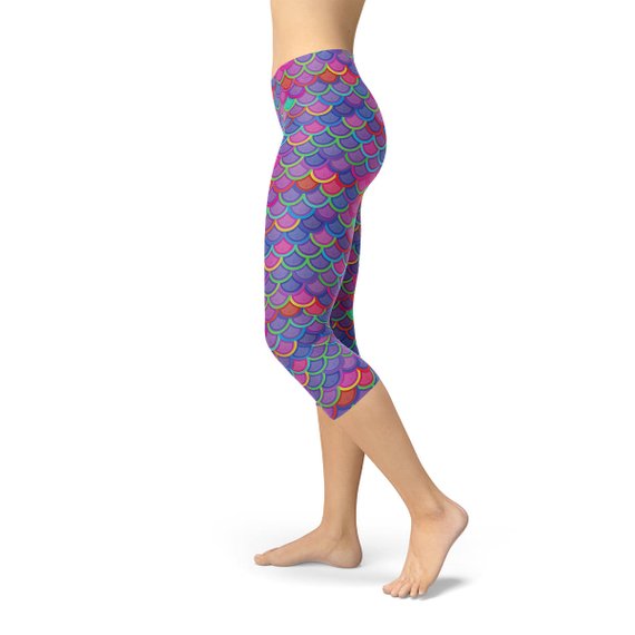 Womens Purple Pink Mermaid Capri Leggings