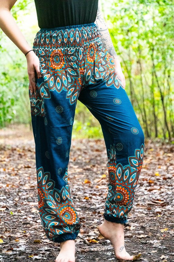 Teal FLORAL MANDALA Women Boho Pants Hippie Pants Yoga