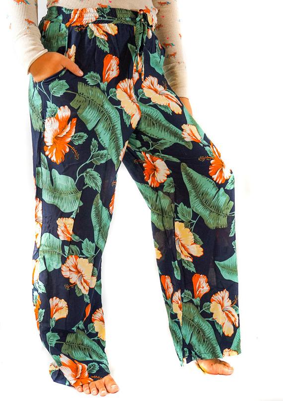 XS-M Leaf Print Pants Women Boho Pants Hippie